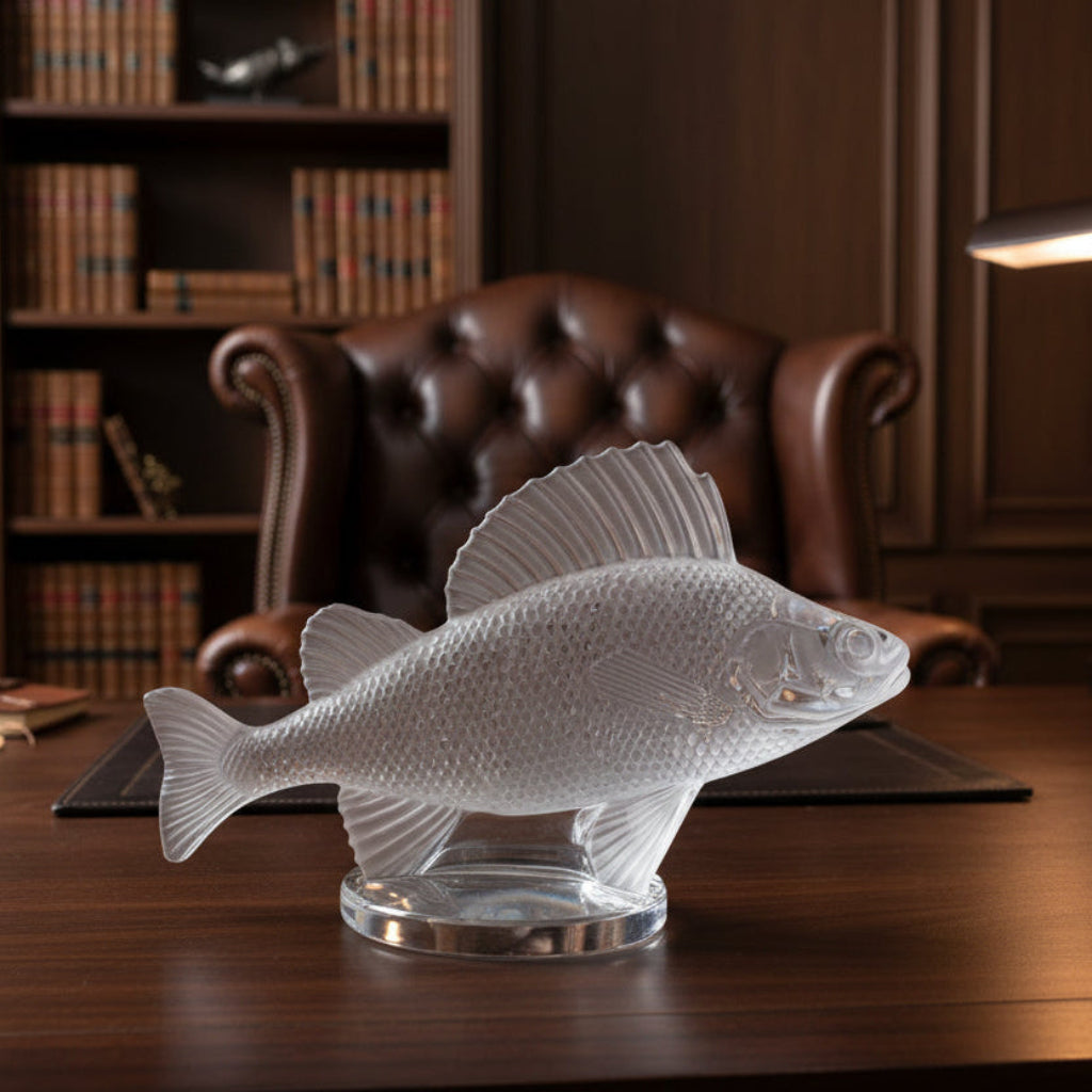 Vintage Lalique glass Perche fish car mascot or paperweight, clear molded glass sculpture.