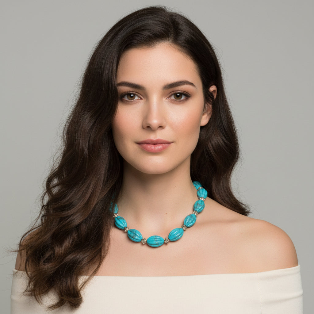 Vintage jewelry Collection, Main Page Image of a woman wearing a statement necklace.