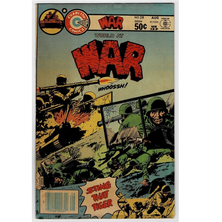 Vintage comic book cover titled 'War: World at War' with illustrated soldiers, tanks, explosions, and bold red title lettering. The cover shows issue details including 'No.