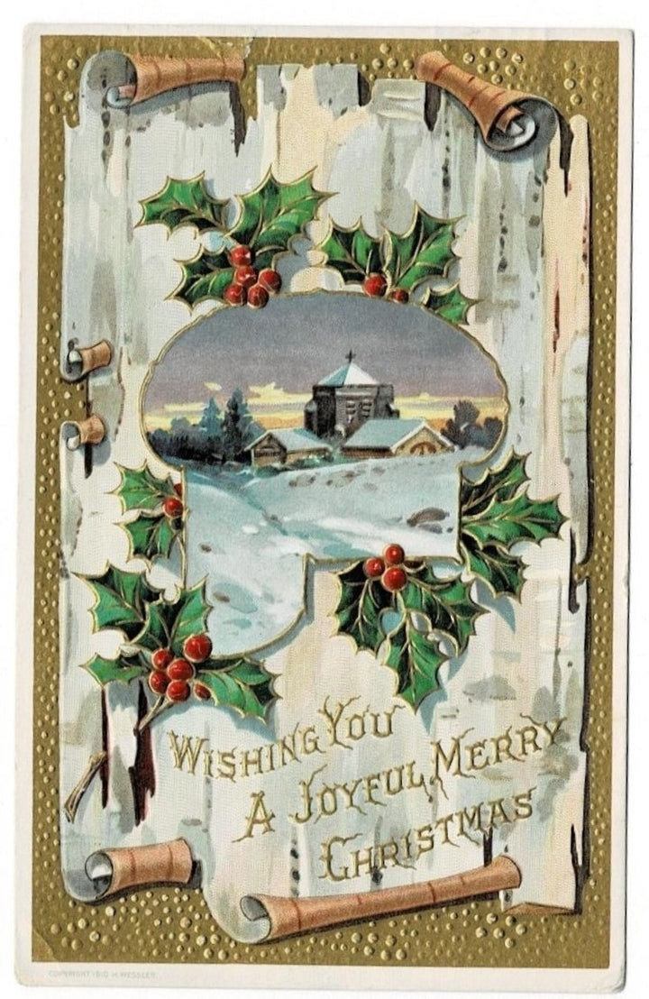 1912 Church in Winter Birch Background Vintage Christmas Postcard