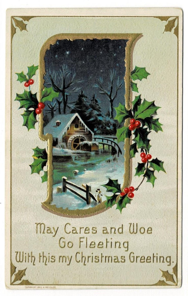 1910 Water Mill Winter Pastoral Vintage Christmas Postcard