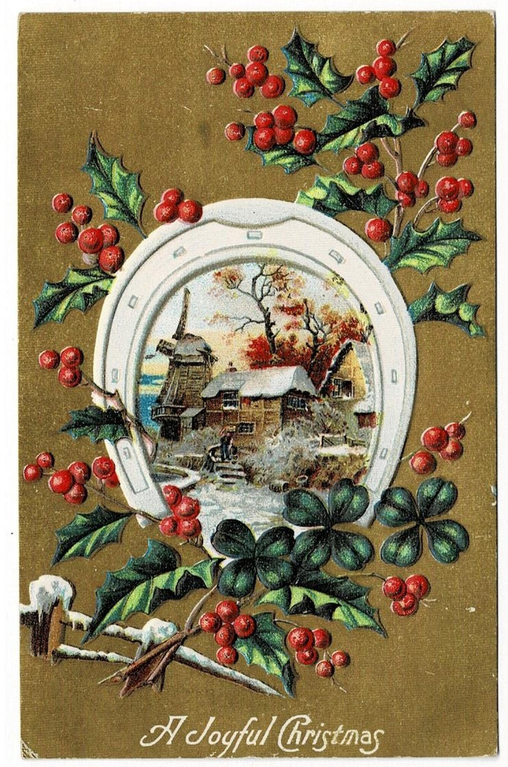 1908 Wintery Windmill & Holly Vintage Christmas Postcard
