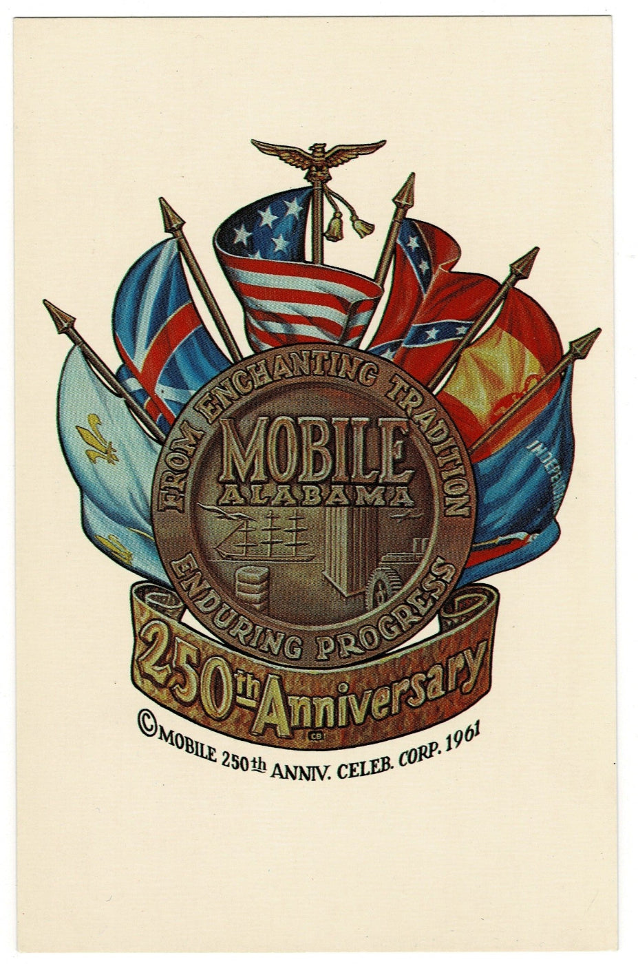 1961 Mobile Alabama Anniversary Vintage Postcard City of Six Flags Seal.