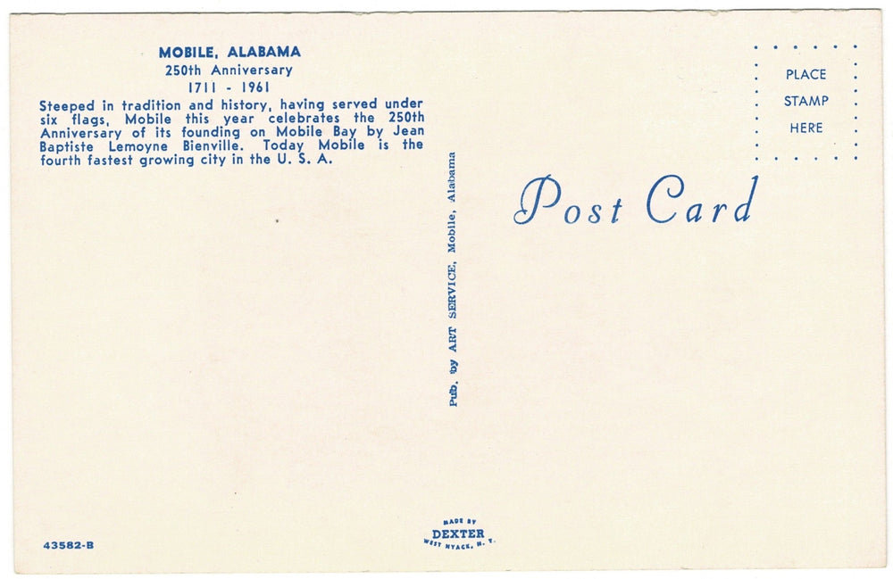 1961 Mobile Alabama Anniversary Vintage Postcard City of Six Flags Seal, back.