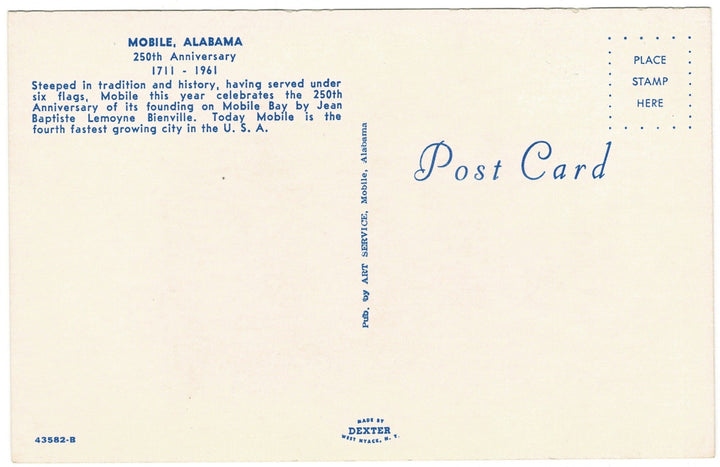 1961 Mobile Alabama Anniversary Vintage Postcard City of Six Flags Seal, back.