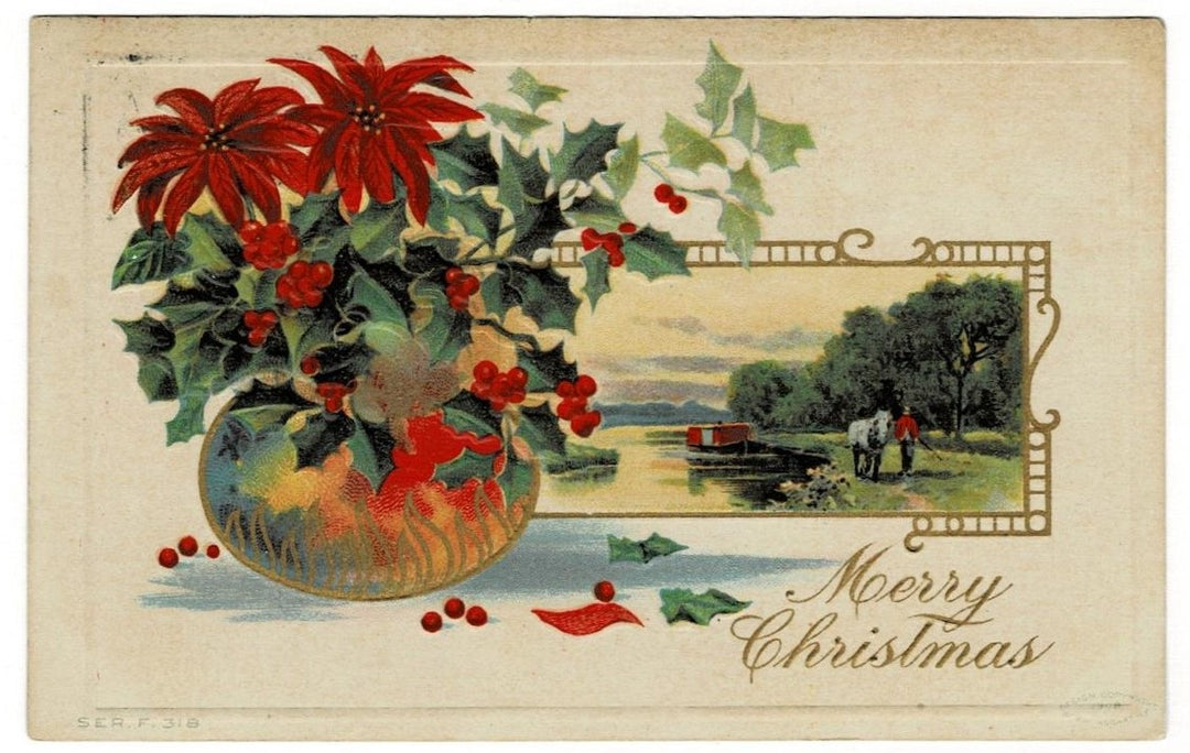 1912 Horse Drawn Barge in Canal Vintage Christmas Postcard