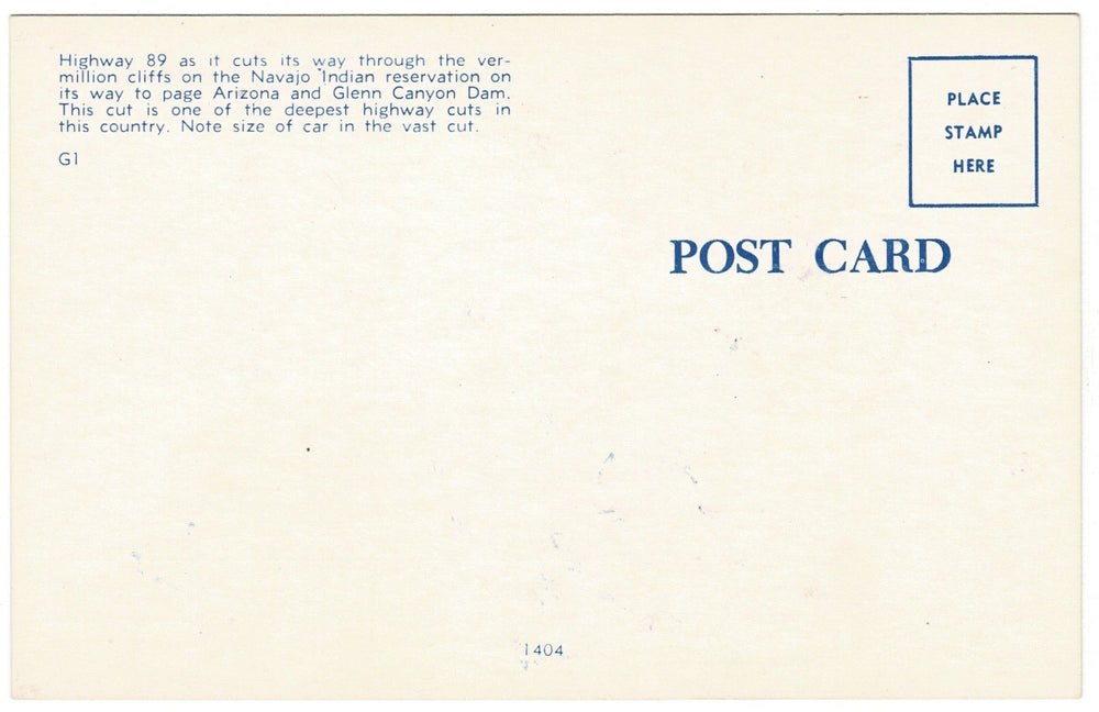 The Big Cut Vermilion Cliffs Page Arizona Vintage Postcard, back.