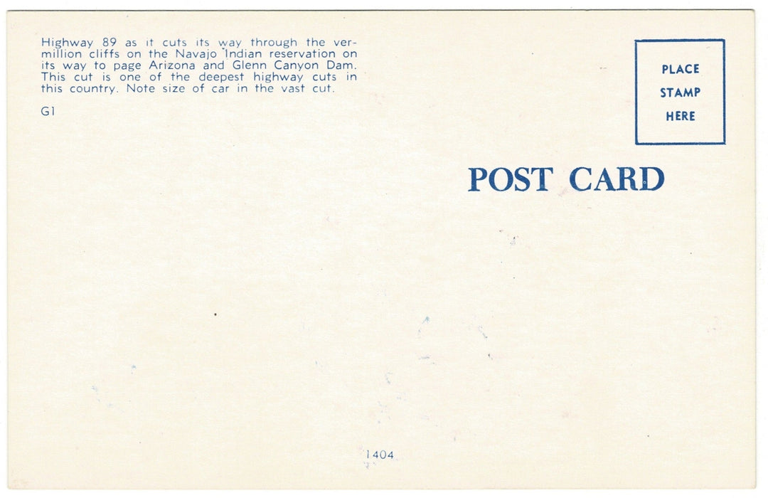 The Big Cut Vermilion Cliffs Page Arizona Vintage Postcard, back.