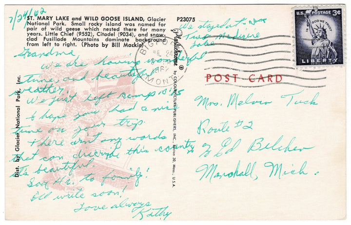1960s St Mary Lake Montana Vintage Postcard, Wild Goose Island, back.