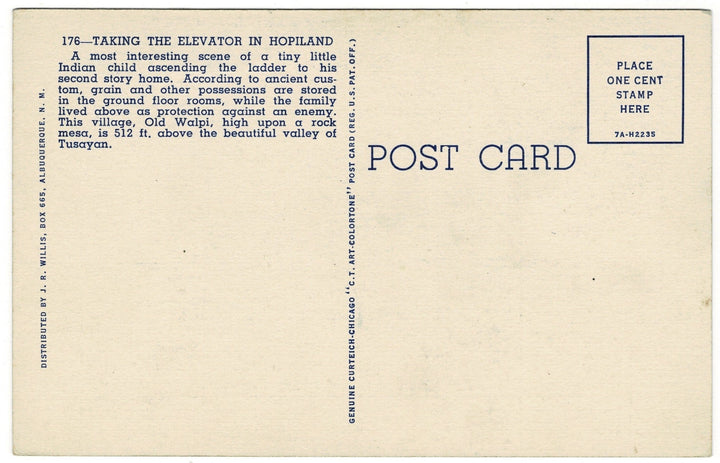 1930s Old Walpi Pueblo Village Arizona Vintage Postcard, back.