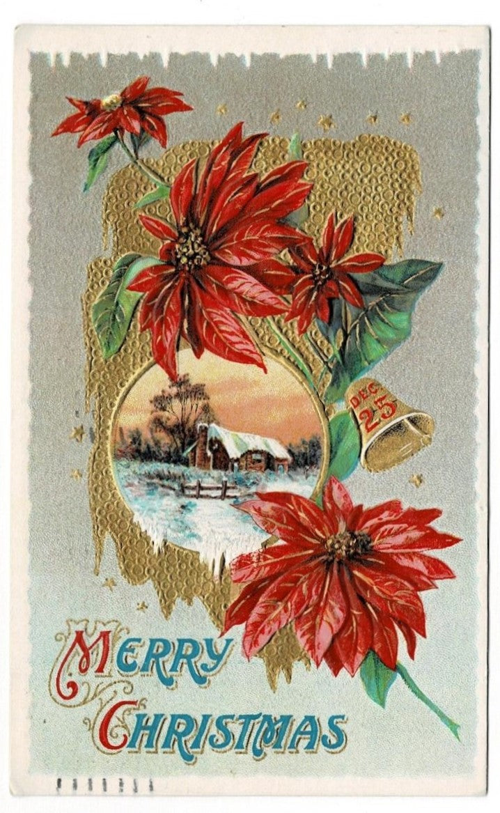 1913 Poinsettia & Winter Scene Vintage Christmas Postcard