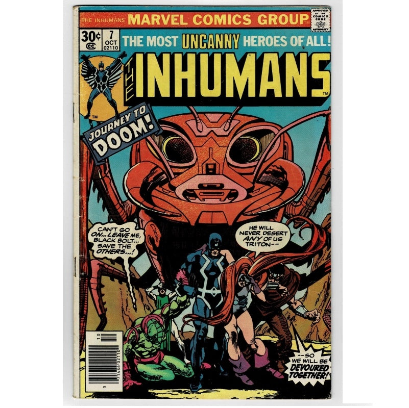 Marvel Comics Group's The Invhumans #7 comic book from October, featuring a large red insect-like creature and several human characters on the cover, photographed against a plain white background.