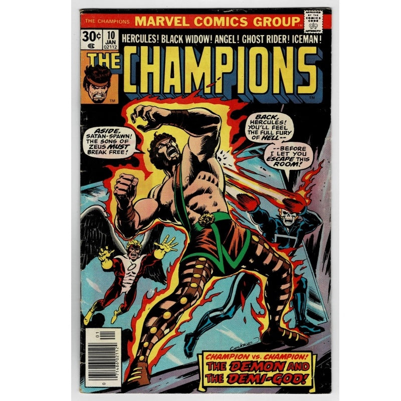 Vintage Marvel Comics Group 'The Champions' issue #10 comic book cover, featuring a dynamic illustration of a muscular hero with flames and other characters, photographed against a plain white background.