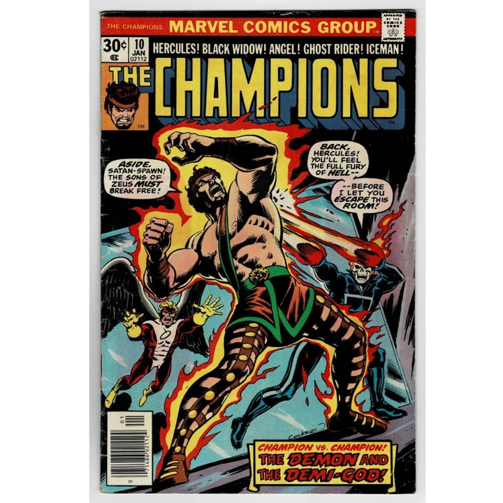 Vintage Marvel Comics Group 'The Champions' issue #10 comic book cover, featuring a dynamic illustration of a muscular hero with flames and other characters, photographed against a plain white background.