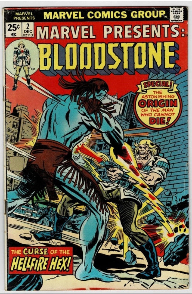 Marvel Comics Group's Bloodstone #2 comic book cover from December 1960, featuring a dramatic illustrated battle scene with a blue-skinned warrior and a blonde character under bold comic-style title text.