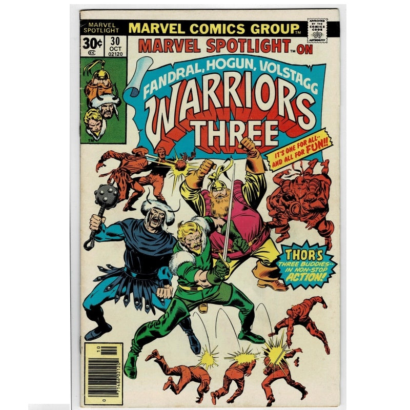 Marvel Spotlight on Warriors Three #30 comic book from October 2023, featuring a colorful cover illustration of Thor and other Marvel characters on an off-white background.