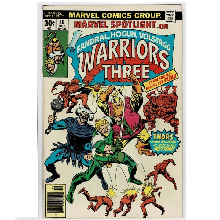 Marvel Spotlight on Warriors Three #30 comic book from October 2023, featuring a colorful cover illustration of Thor and other Marvel characters on an off-white background.