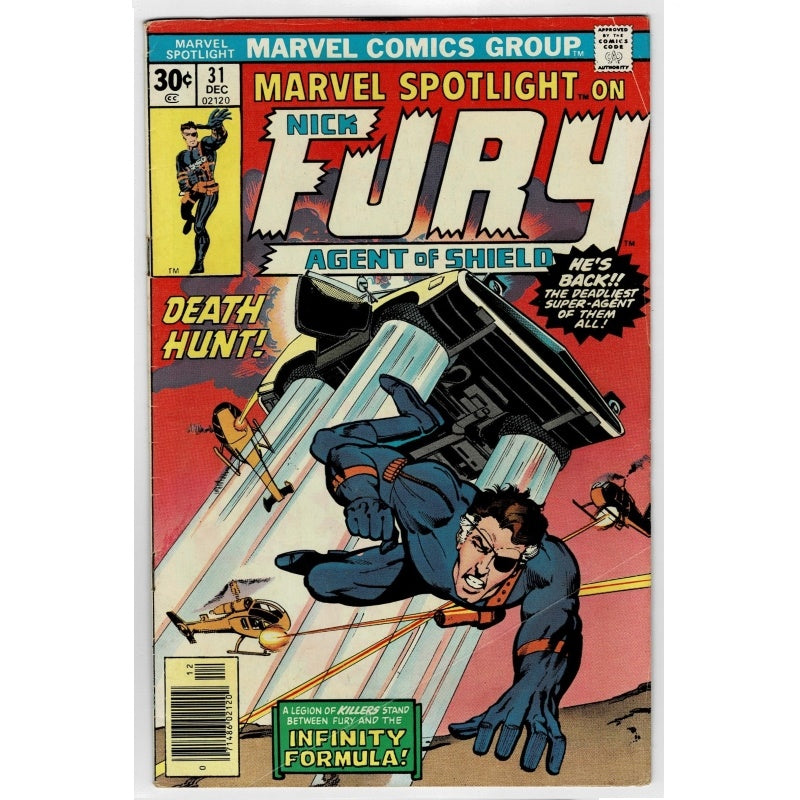 Vintage Marvel Comics Spotlight on Nick Fury issue #31 comic book cover, featuring Nick Fury in his blue and orange suit flying forward with a car crashing behind him, on a white background.