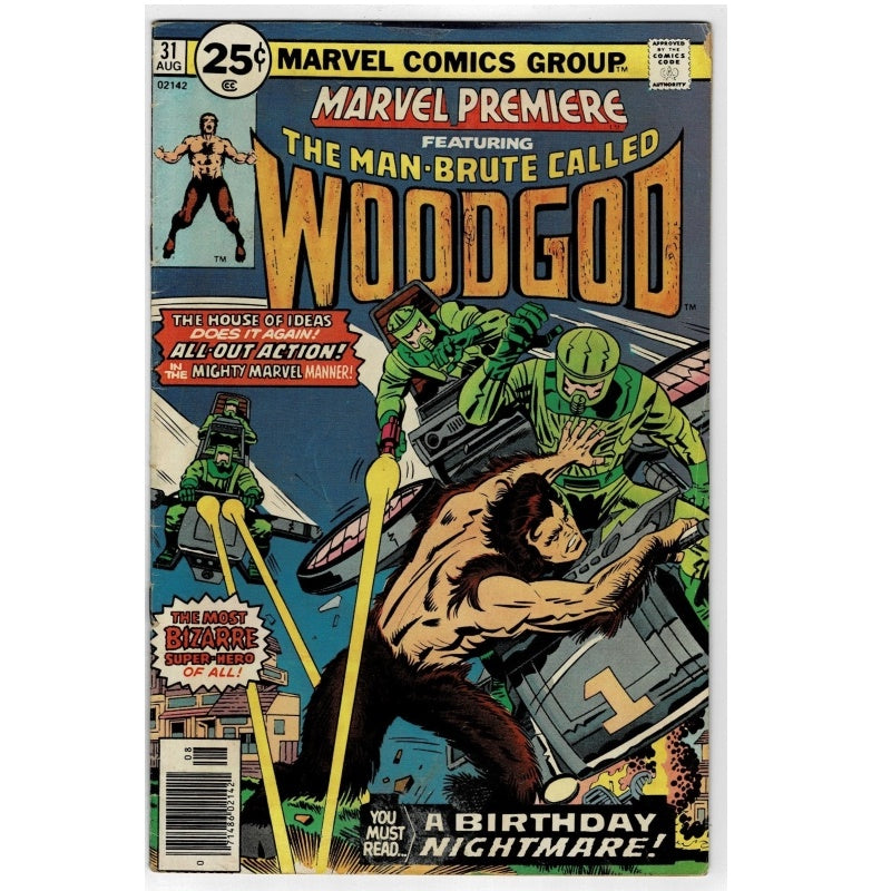 Vintage Marvel Comics Group Woodman #31 comic book cover from August, featuring a comic illustration of the Man-Brute Woodman in action with green figures and bold yellow title text.