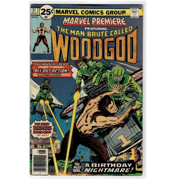 Vintage Marvel Comics Group Woodman #31 comic book cover from August, featuring a comic illustration of the Man-Brute Woodman in action with green figures and bold yellow title text.