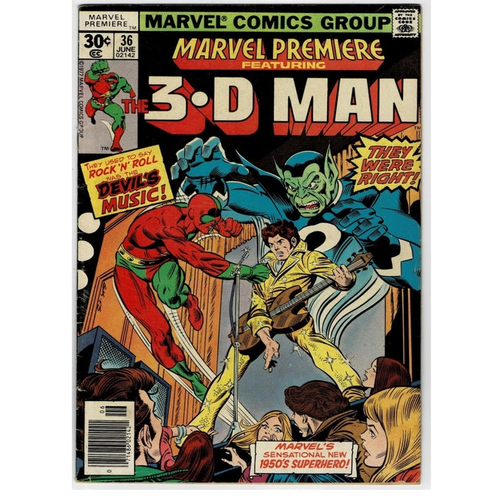 Vintage comic book cover for Marvel Premiere featuring The 3D Man, issue number 36 from April, with colorful illustrated superhero artwork and bold title text.