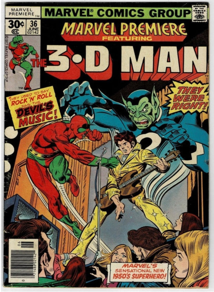 Vintage comic book cover for Marvel Premiere featuring The 3D Man, issue number 36 from April, with colorful illustrated superhero artwork and bold title text.