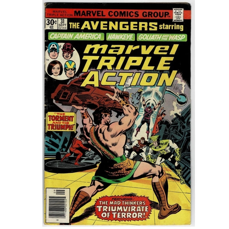 Marvel Comics Group's The Avengers #3 comic book, featuring a vintage cover with Captain America, Hawkeye, and others, housed in a clear protective plastic case against a white background.