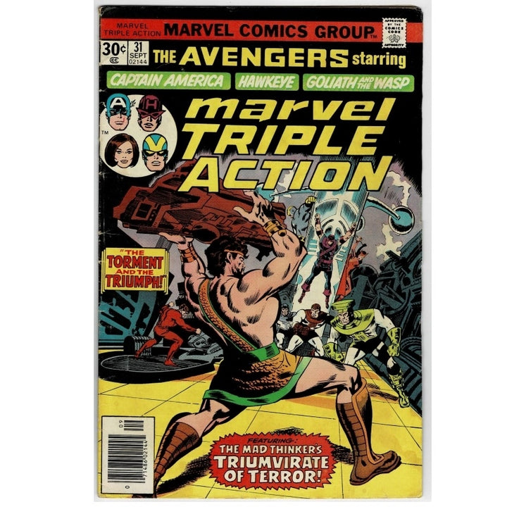 Marvel Comics Group's The Avengers #3 comic book, featuring a vintage cover with Captain America, Hawkeye, and others, housed in a clear protective plastic case against a white background.