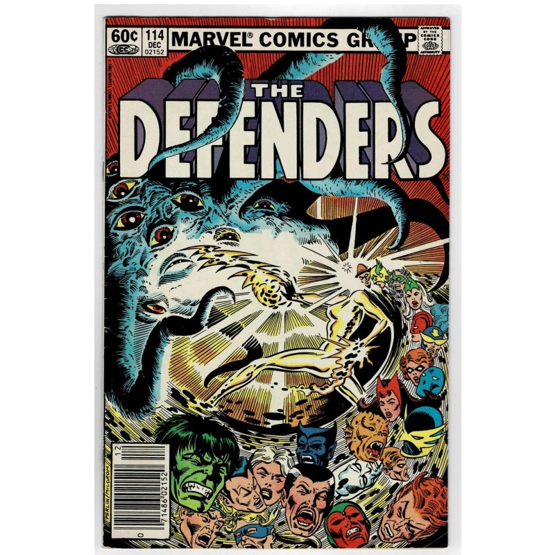 Marvel Comics Group The Defenders Issue 114 comic book cover, featuring a dynamic illustrated battle scene with multiple superheroes and the title 'THE DEFENDERS' in large white letters.