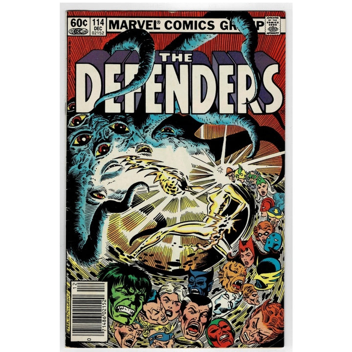 Marvel Comics Group The Defenders Issue 114 comic book cover, featuring a dynamic illustrated battle scene with multiple superheroes and the title 'THE DEFENDERS' in large white letters.