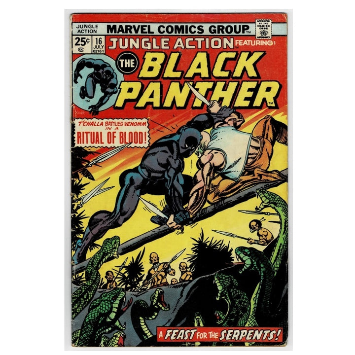 Vintage Marvel Comics Group 'The Black Panther' comic book, issue 116 from July, featuring a cover illustration of T'Challa battling a man and surrounded by green reptiles, set against a light gray background.