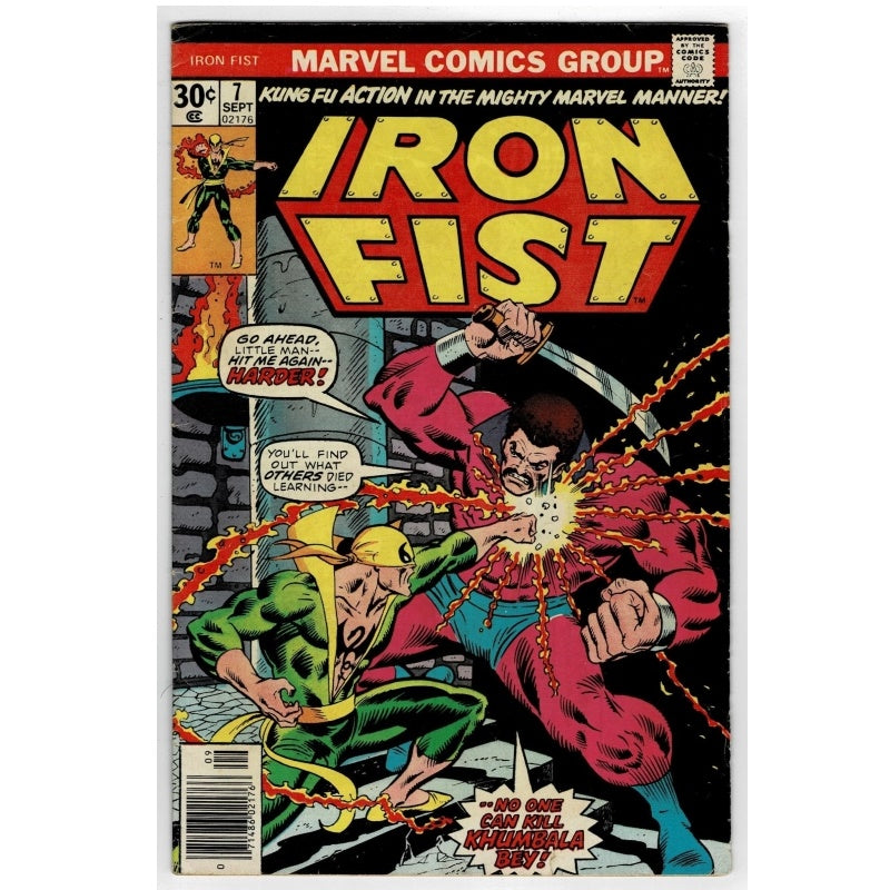 Iron Fist comic book issue #1 from Marvel Comics Group, featuring a vintage cover with the title in large yellow letters and illustrated action artwork of Iron Fist fighting a red-robed figure.
