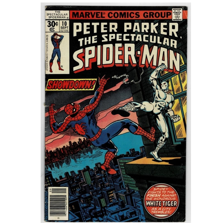 Vintage Marvel Comics 'The Spectacular Spider-Man' issue #10 from September, featuring Peter Parker and the White Tiger on the cover, photographed against a light gray background.