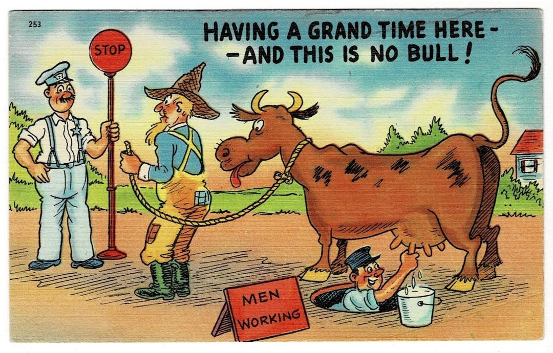 1940 Hillbilly Takes Cow to City Vintage Comic Postcard