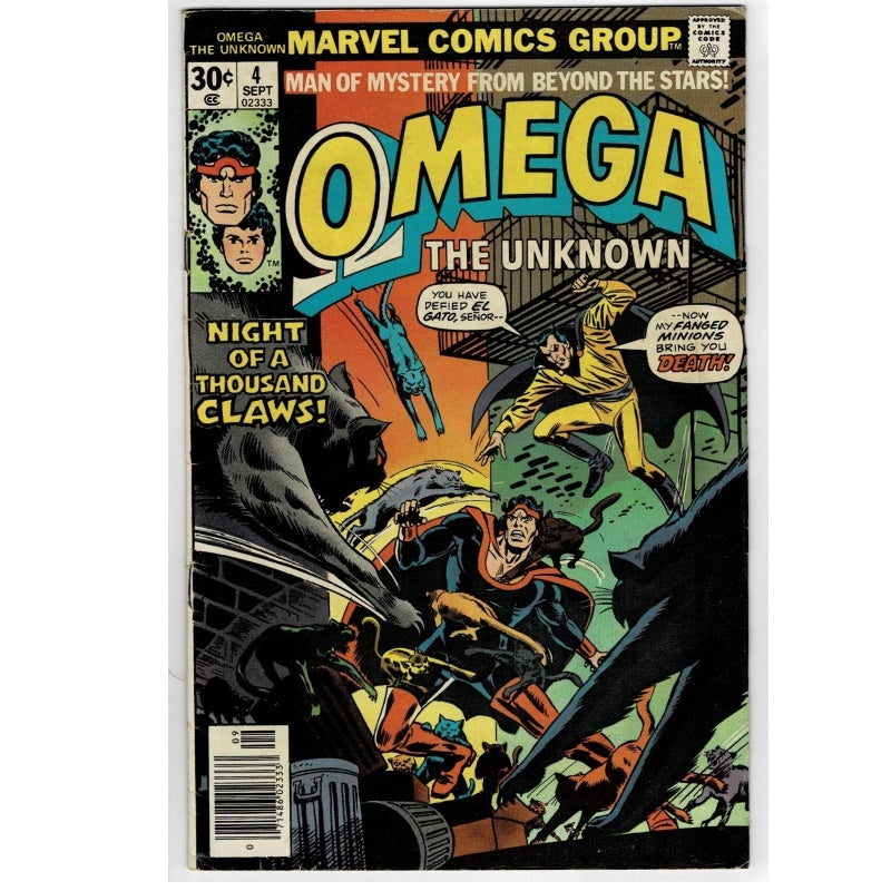 Vintage Marvel Comics Group 'Omega the Unknown' issue #4 comic book cover, dated September and priced at 30 cents, featuring illustrated cover art with multiple characters and bold title text.