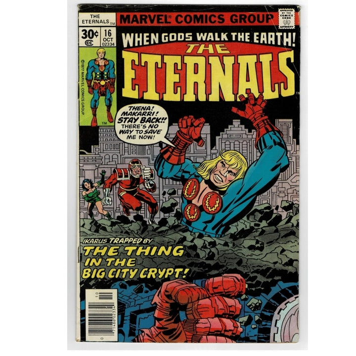 Vintage Marvel Comics Group 'The Eternals' issue #16 comic book, featuring a cover illustration of a blonde hero in a blue costume with red gloves and chest emblem, set against a cityscape background with other characters and bold yellow title text.