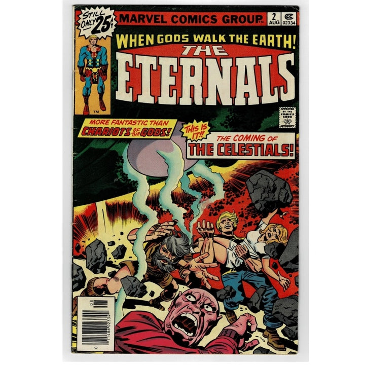 Vintage Marvel Comics 'The Eternals' issue #2 comic book cover, featuring a dramatic illustrated battle scene with the title 'THE ETERNALS' in large white letters at the top.