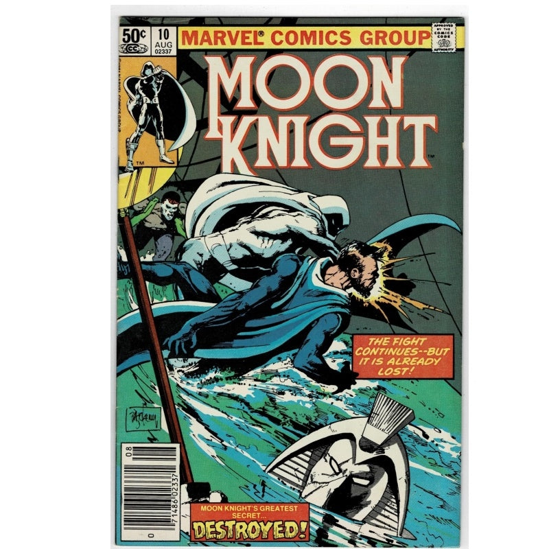 Vintage Marvel Comics Group Moon Knight comic book, issue number 10, featuring a dynamic cover illustration of Moon Knight in his blue and white costume with a sword and shield.