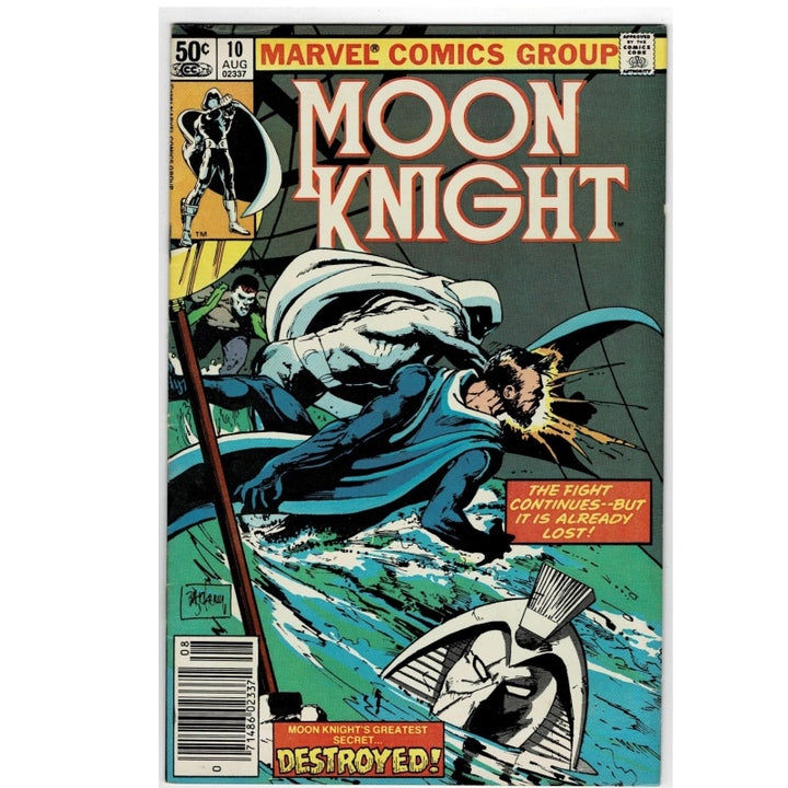 Vintage Marvel Comics Group Moon Knight comic book, issue number 10, featuring a dynamic cover illustration of Moon Knight in his blue and white costume with a sword and shield.