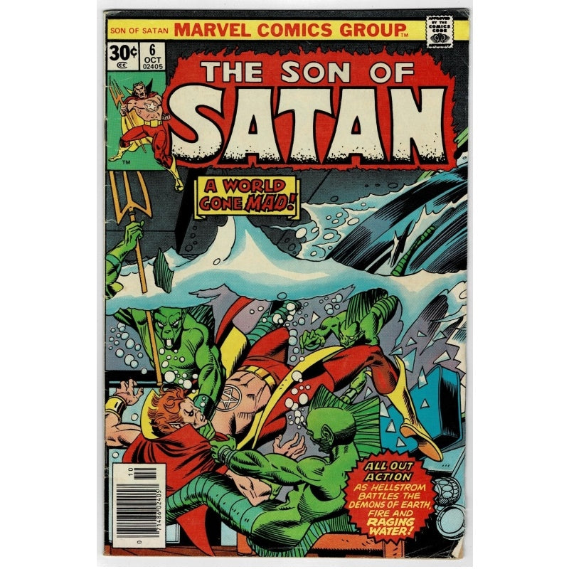 Vintage comic book cover for Marvel Comics Group's 'The Son of Satan' issue, showing a dramatic underwater battle scene with green-skinned adversaries and bold comic-style title text.