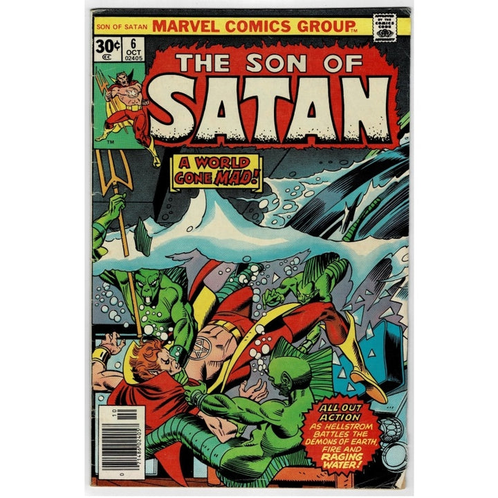 Vintage comic book cover for Marvel Comics Group's 'The Son of Satan' issue, showing a dramatic underwater battle scene with green-skinned adversaries and bold comic-style title text.