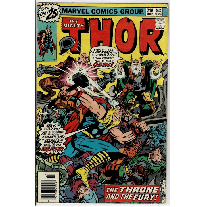 Marvel Comics Group's The Mighty Thor #249 comic book cover, featuring a dynamic battle illustration with Thor, Loki, and other characters. The cover has a yellow background with large red 'THOR' lettering and a blue header.