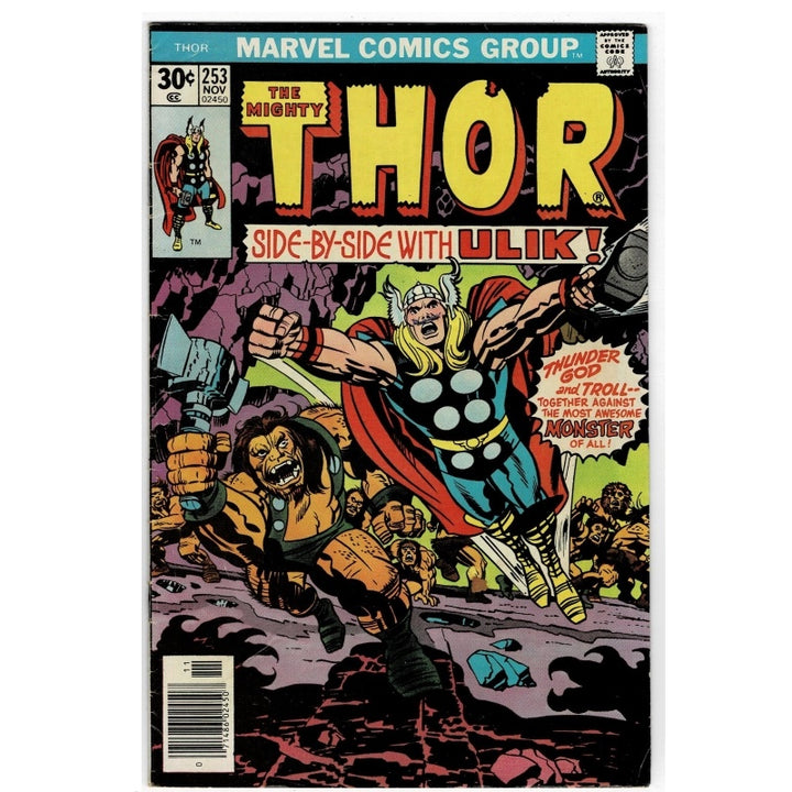 A vintage comic book, Thor #253, published by Marvel Comics Group. The cover features a dynamic illustration of Thor fighting Ulik, with bold yellow title lettering and a black background.