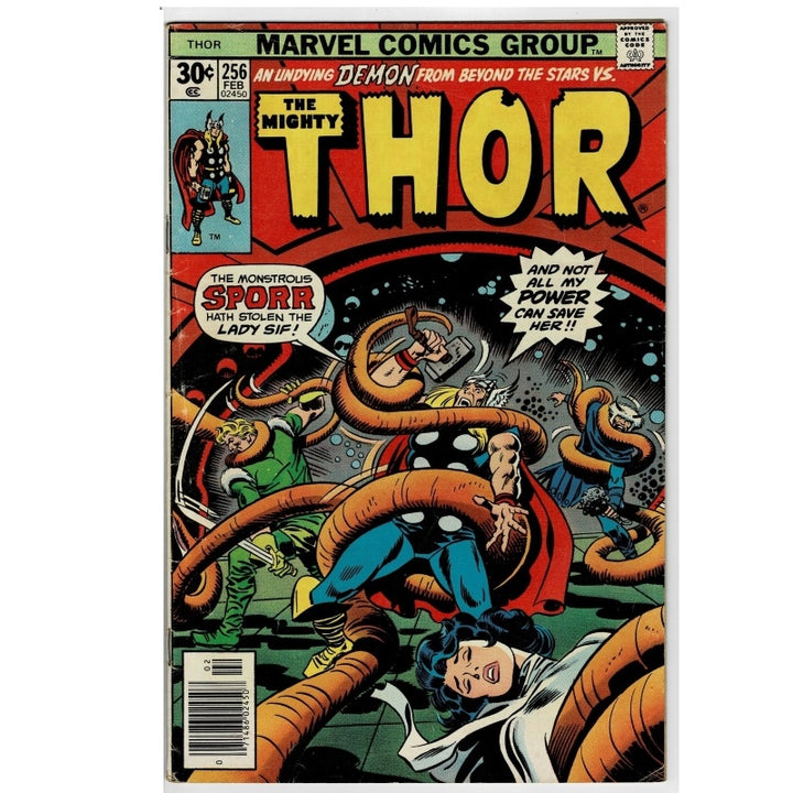 Vintage Marvel Comics Group 'The Mighty Thor' issue #256 comic book cover, featuring Thor surrounded by orange tentacles, with bold yellow title text and a white border around the comic.