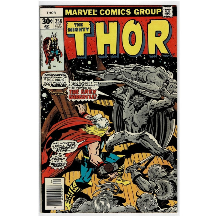 A vintage Marvel Comics Group 'The Mighty Thor' comic book, issue #258, featuring Thor fighting a giant gray creature on a wooden ship. The cover has a red header with large yellow 'THOR' text and black-and-white comic artwork.