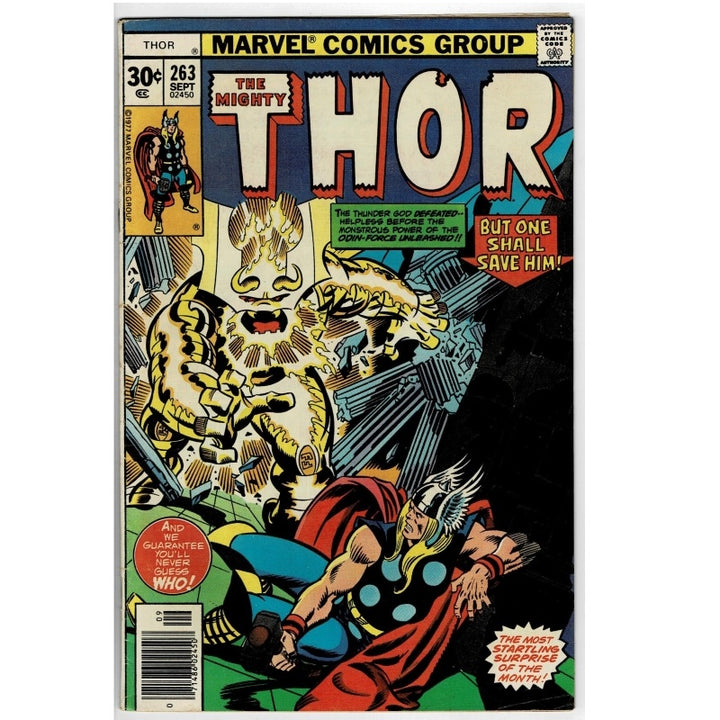 Vintage Marvel Comics Group 'The Mighty Thor' comic book, issue #263, featuring Thor battling a giant golden creature on the cover.