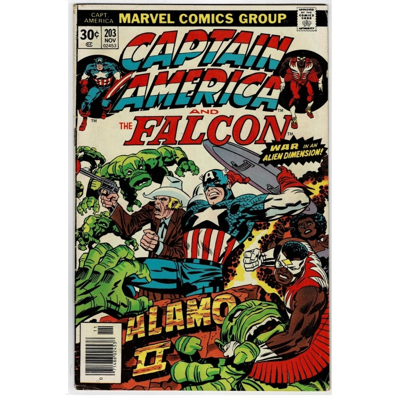 Captain America and the Falcon #203 comic book cover published by Marvel Comics Group, featuring a dynamic illustrated battle scene with Captain America, the Falcon, and green alien creatures.