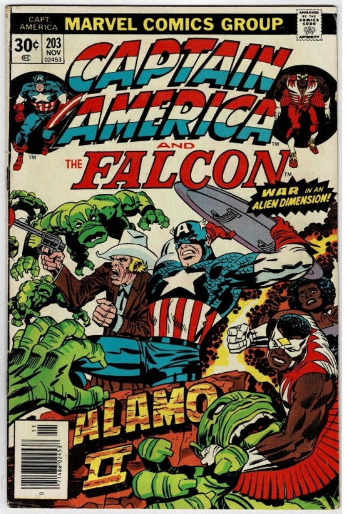 Captain America and the Falcon #203 comic book cover published by Marvel Comics Group, featuring a dynamic illustrated battle scene with Captain America, the Falcon, and green alien creatures.