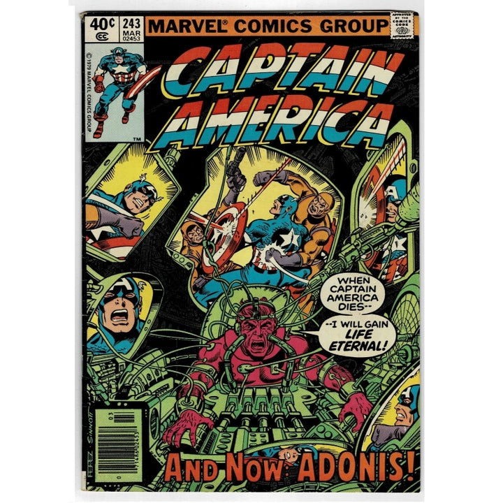 Vintage Marvel Comics Group Captain America comic book cover, issue #243, featuring Captain America in a dynamic battle scene with a red creature and bold comic-style title text.