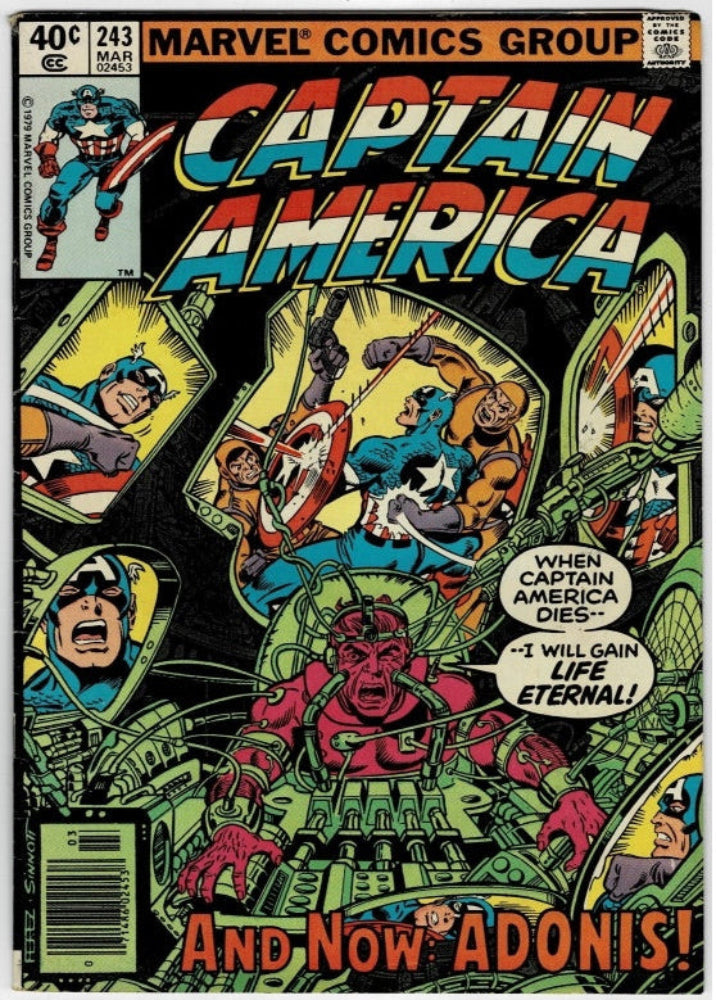 Vintage Marvel Comics Group Captain America comic book cover, issue 243, featuring Captain America in a dynamic battle scene with a red creature and bold comic-style title text.
